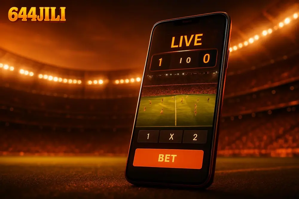644JILI Football Betting โ a smartphone displaying a live football match betting screen in a stadium 644JILI Football Betting โ a smartphone displaying a live football match betting screen in a stadium