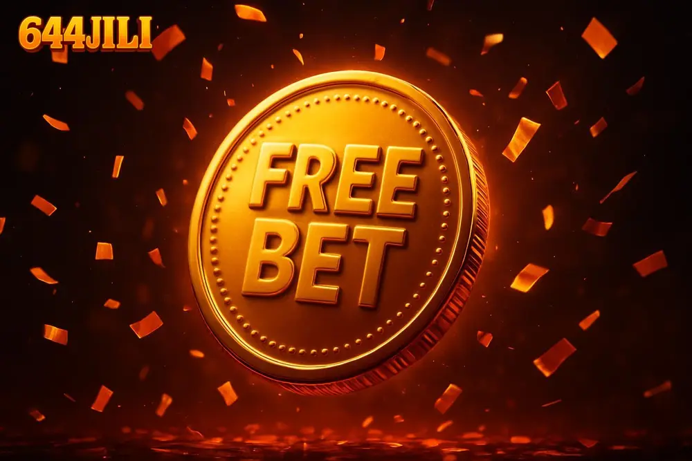 644JILI Free Bet — a giant glowing welcome-bonus coin burst with confetti
