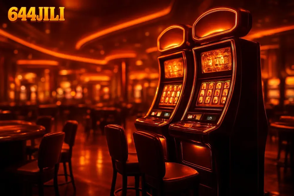 644JILI Bangladesh โ a glowing orange-lit casino lobby with slot machines and card tables 644JILI Bangladesh โ a glowing orange-lit casino lobby with slot machines and card tables