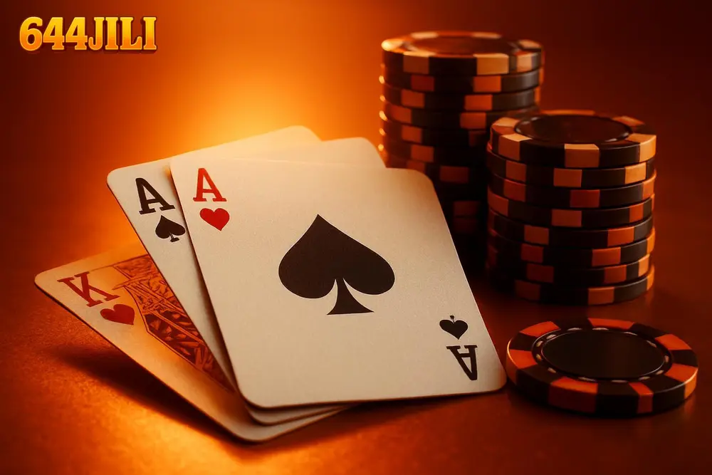 644JILI Teen Patti โ a close-up of playing cards and chips on a warm orange-lit table 644JILI Teen Patti โ a close-up of playing cards and chips on a warm orange-lit table